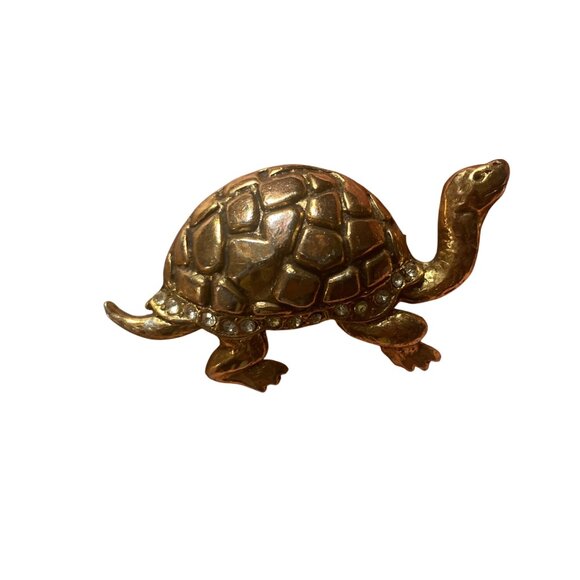 Vintage Gold Tone Turtle Brooch Pin Rhinestone Accents Tortoise 2.5 inch - Picture 6 of 7
